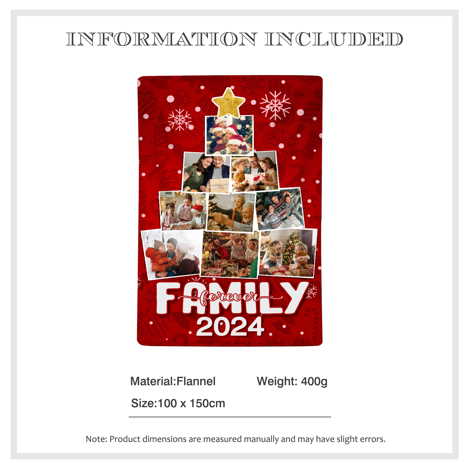 Personalised Family Photo Blanket Custom 9 Photos & 1 Year Red Blanket Christmas Gift for Family | Jessemade