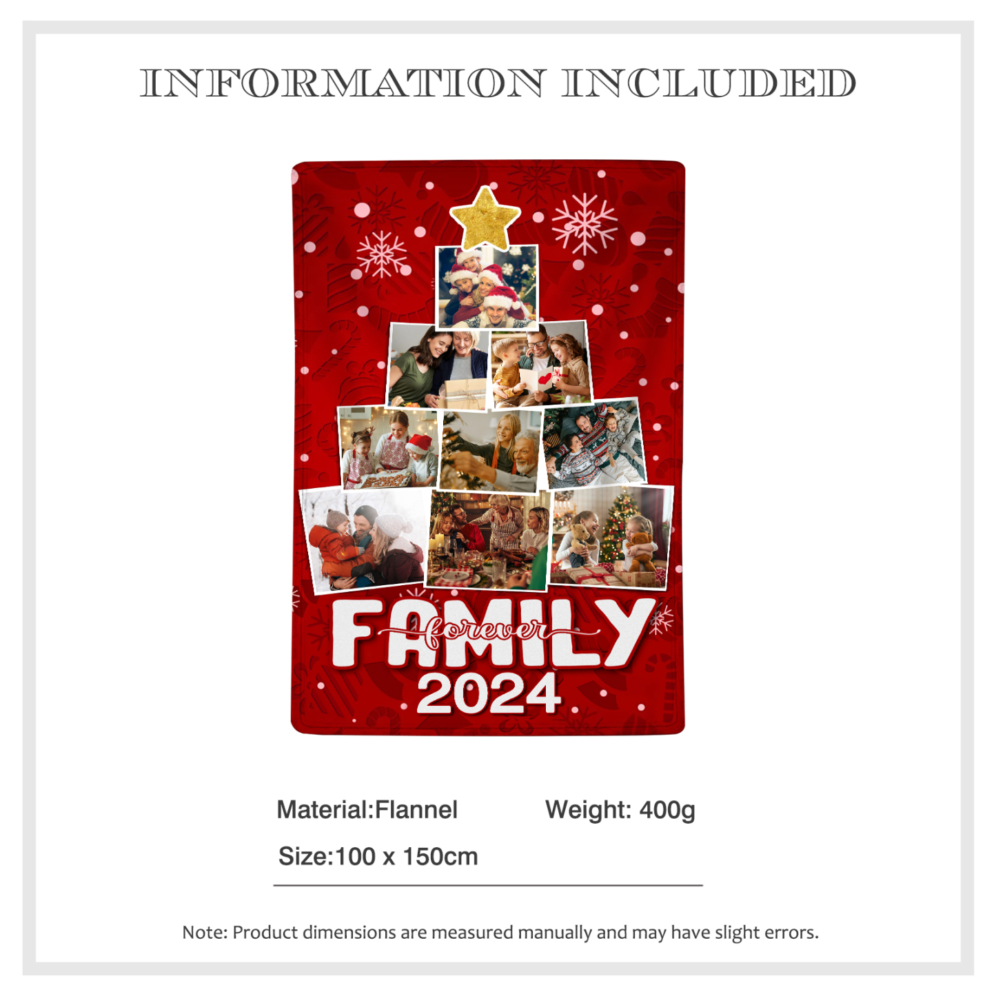 Personalised Family Photo Blanket Custom 9 Photos & 1 Year Red Blanket Christmas Gift for Family | Jessemade
