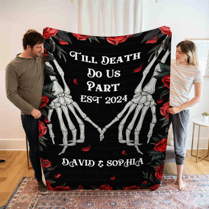 "Till Death Do Us Part' Design"-Personalised Skeleton Couple Blanket – Custom 2 Names & 1 Text Christmas Gift for Him/Her | Jessemade