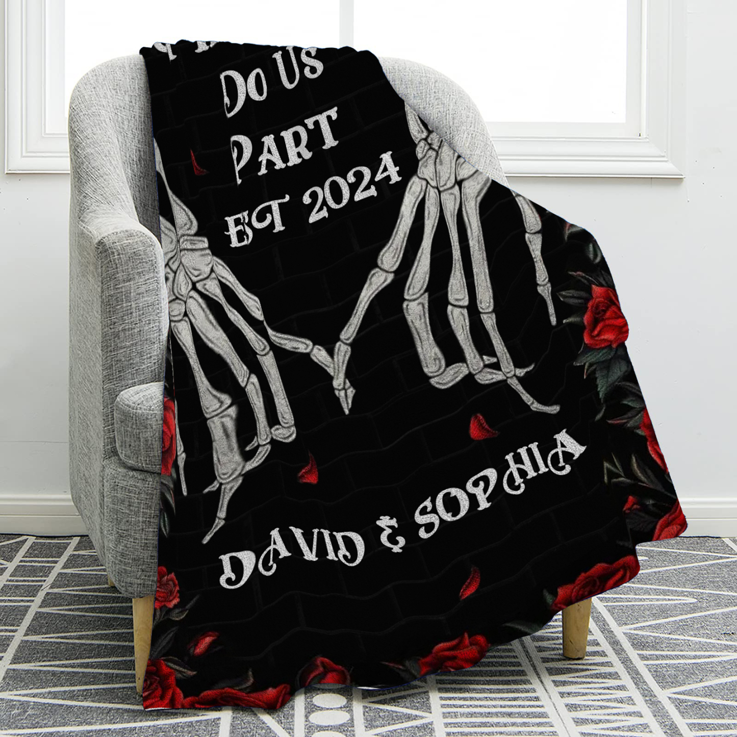 "Till Death Do Us Part' Design"-Personalised Skeleton Couple Blanket – Custom 2 Names & 1 Text Christmas Gift for Him/Her | Jessemade