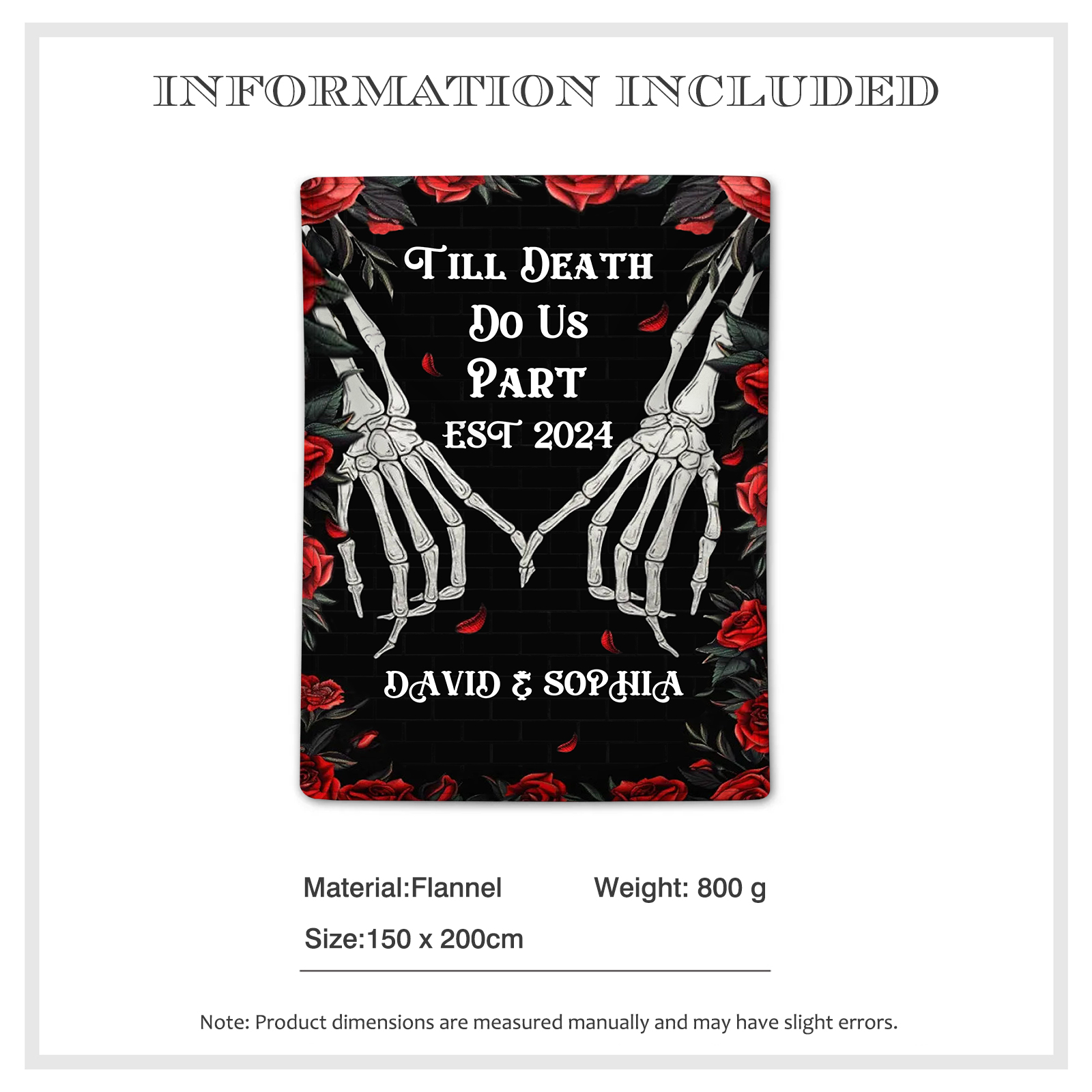 "Till Death Do Us Part' Design"-Personalised Skeleton Couple Blanket – Custom 2 Names & 1 Text Christmas Gift for Him/Her | Jessemade