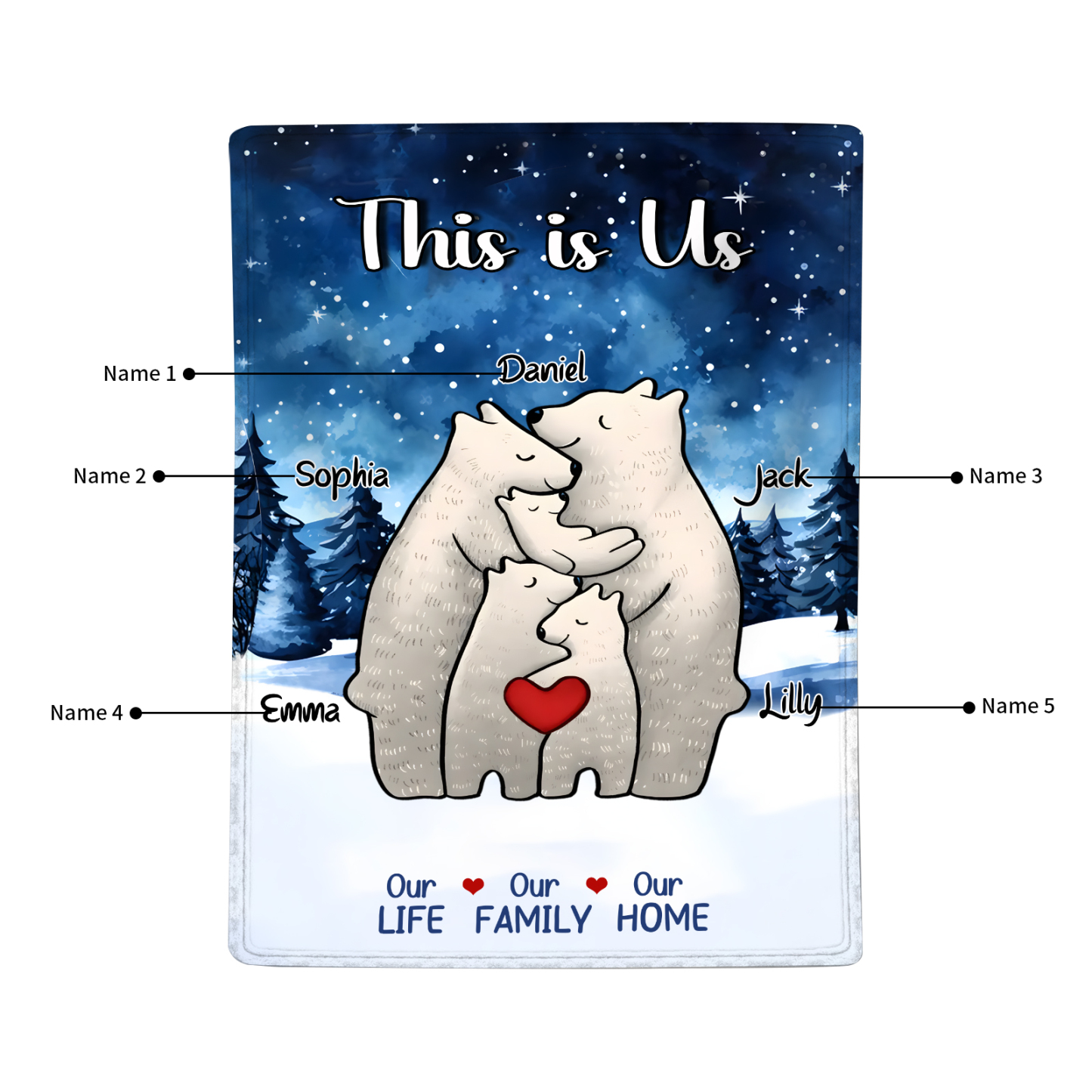 Personalized Family Bear Blanket - Custom 2-6 Names and Heartwarming Flannel Gift for Family | Jessmade