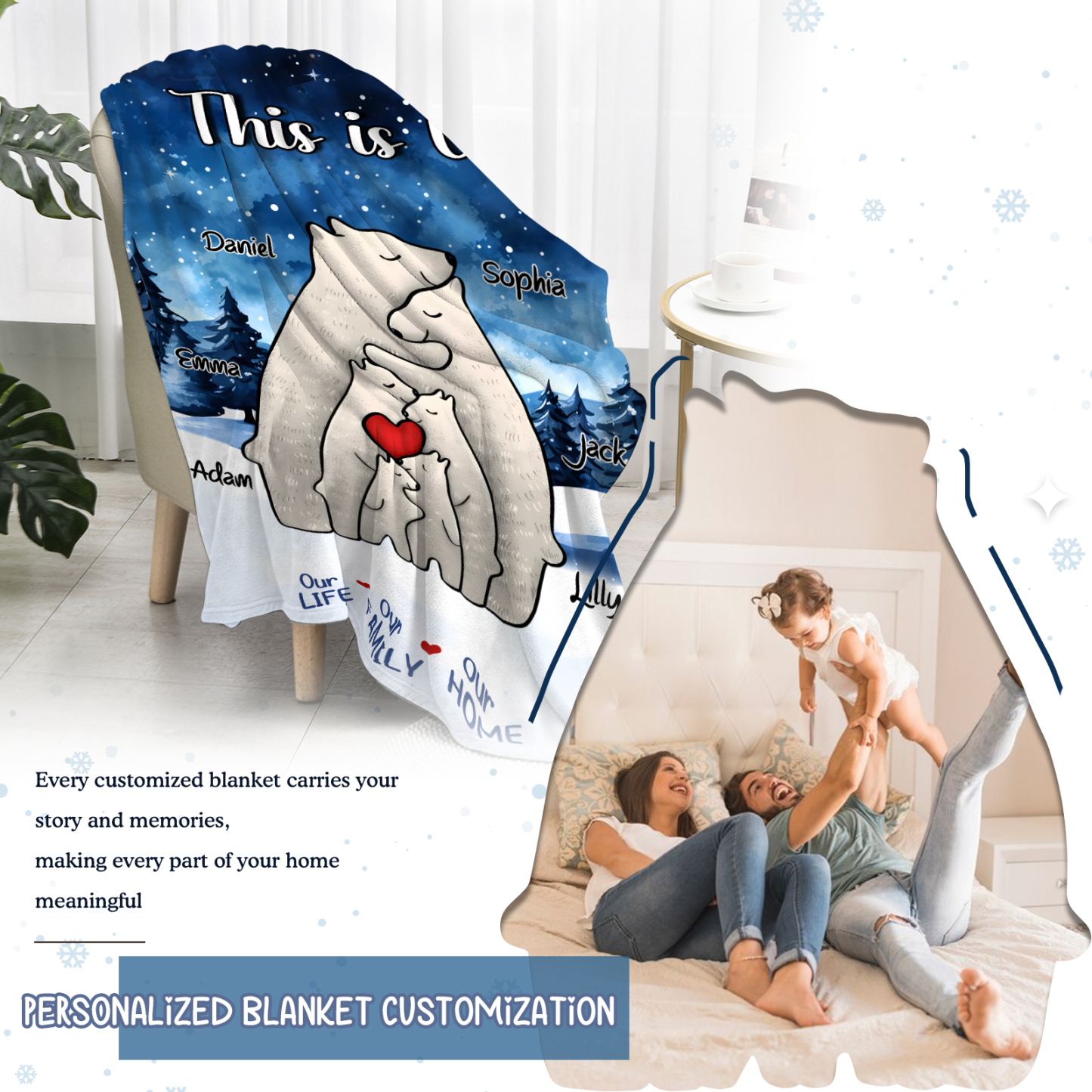 Personalised Family Bear Blanket - Custom 6 Names and Heartwarming Flannel Gift for Family | Jessmade