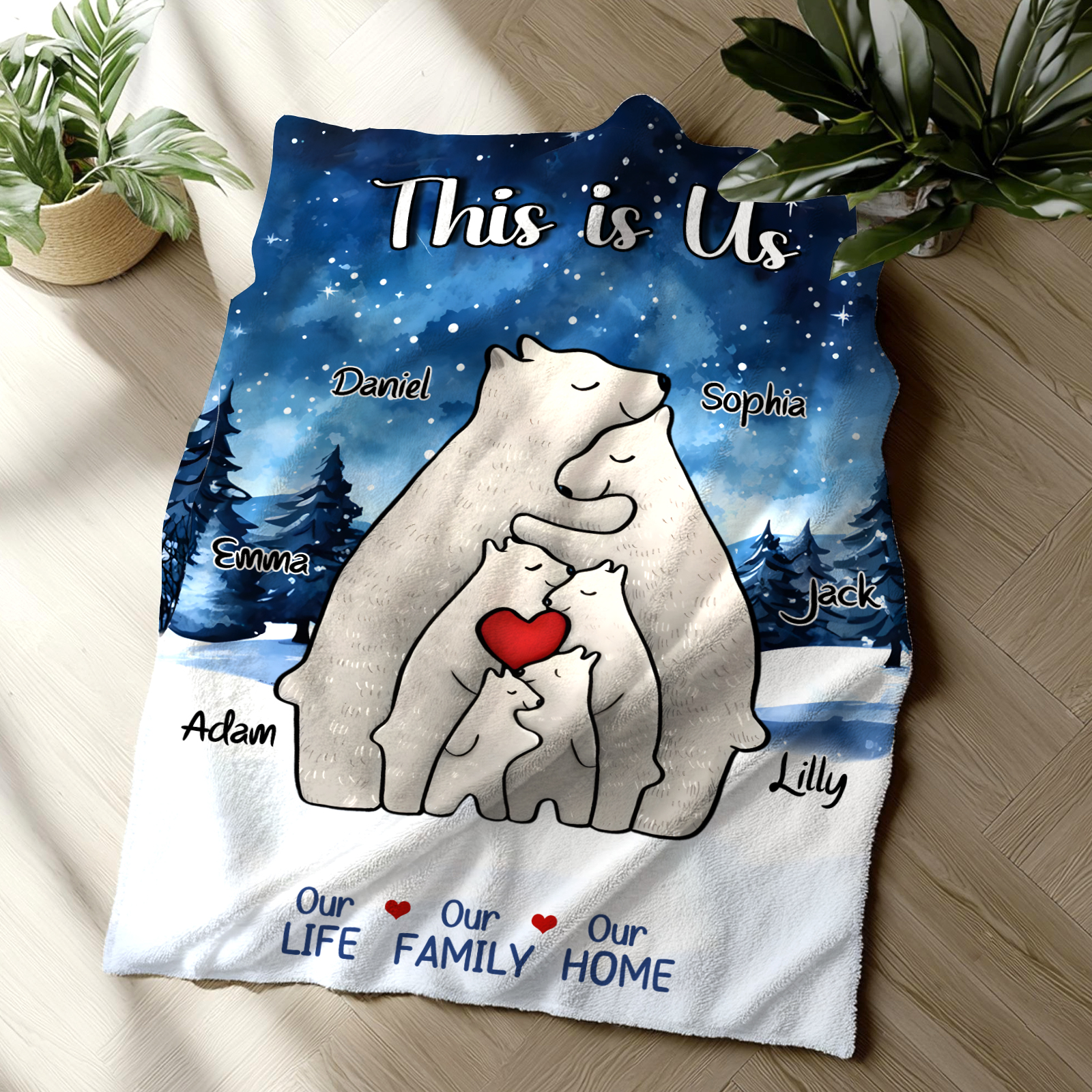 Personalised Family Bear Blanket - Custom 6 Names and Heartwarming Flannel Gift for Family | Jessmade
