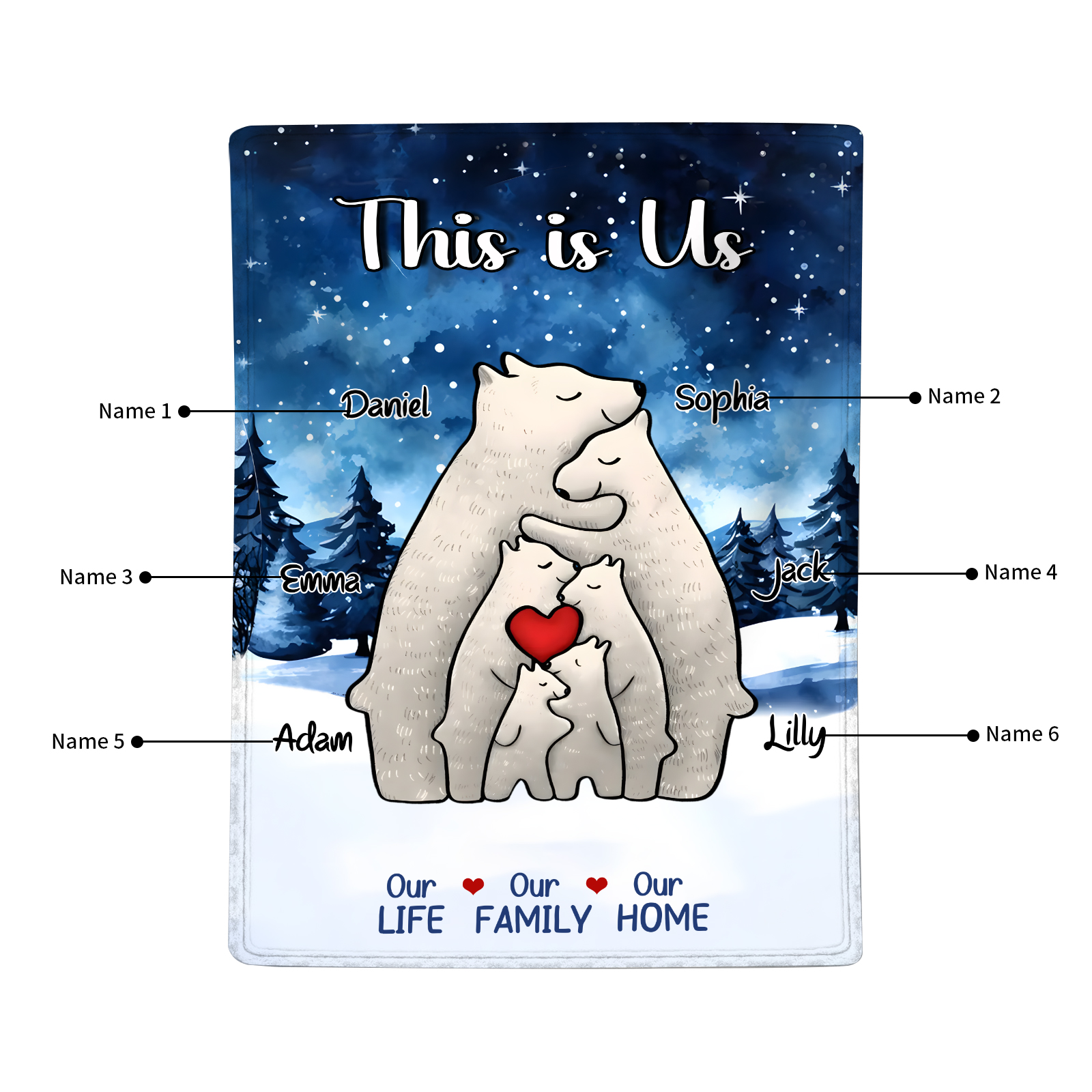 Personalised Family Bear Blanket - Custom 6 Names and Heartwarming Flannel Gift for Family | Jessmade
