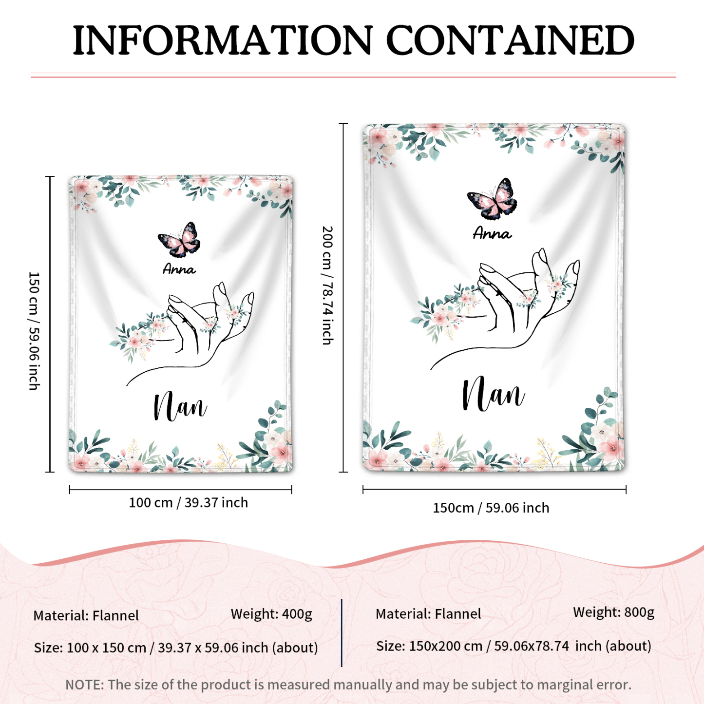 Personalised Butterfly Family Blanket - Custom 1 Name with Floral Accents Blanket Gift for Nan | Jessmade