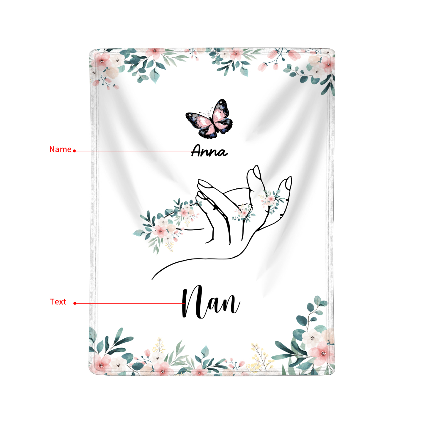 Personalised Butterfly Family Blanket - Custom 1 Name with Floral Accents Blanket Gift for Nan | Jessmade