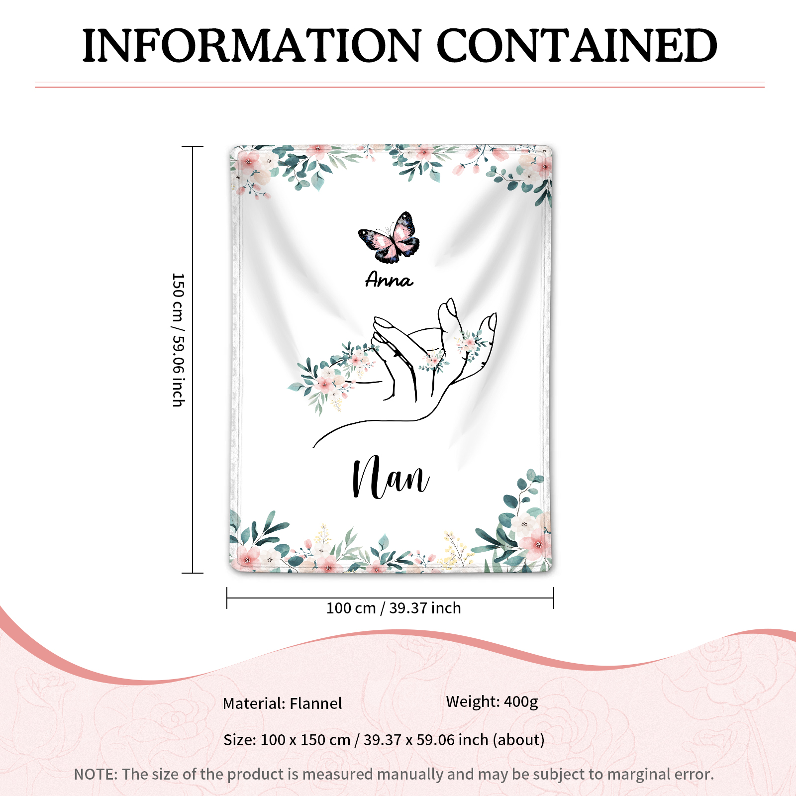 Personalised Butterfly Family Blanket - Custom 1 Name with Floral Accents Blanket Gift for Nan | Jessmade