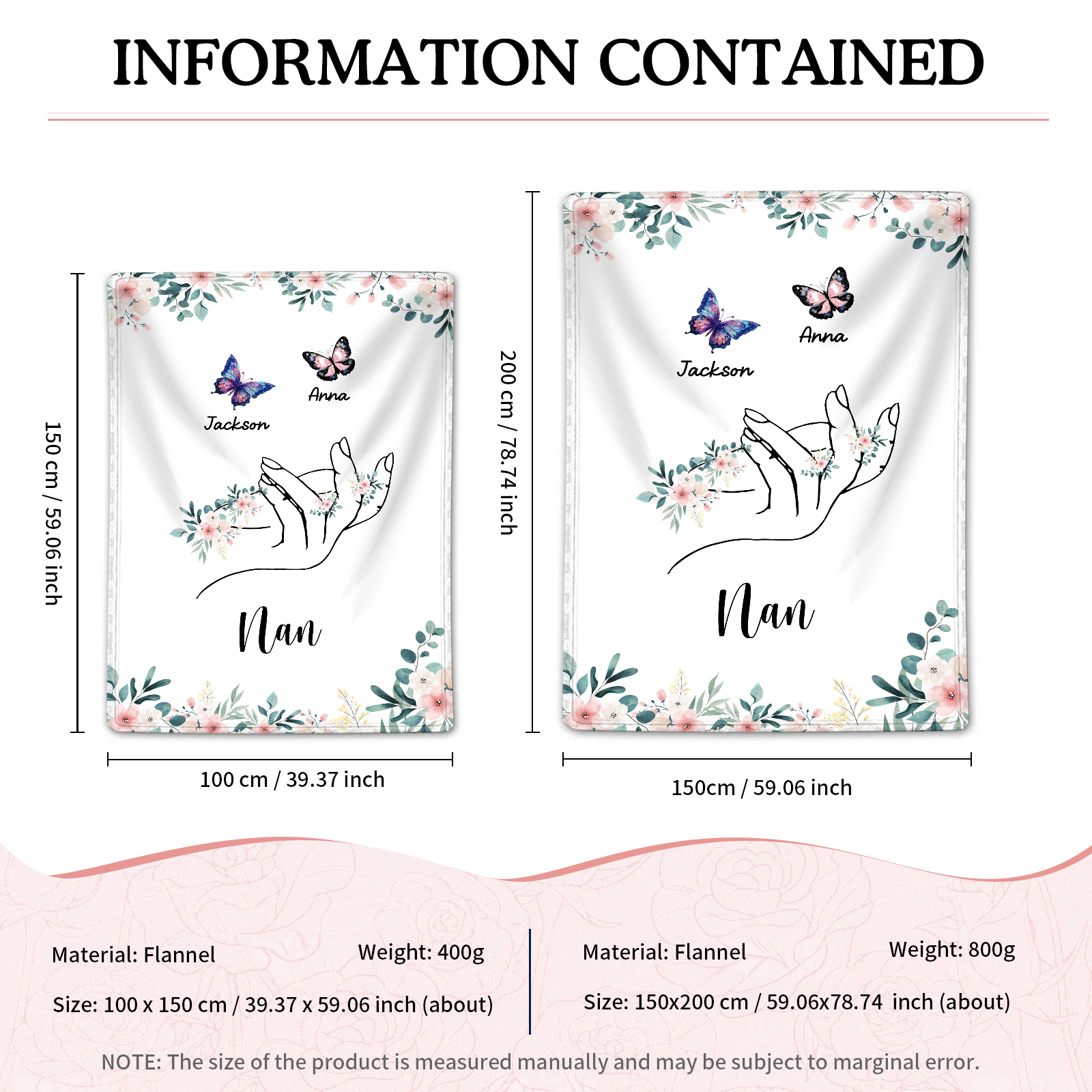 Personalised Butterfly Family Blanket - Custom 2 Names with Floral Accents Blanket Gift for Nan | Jessmade