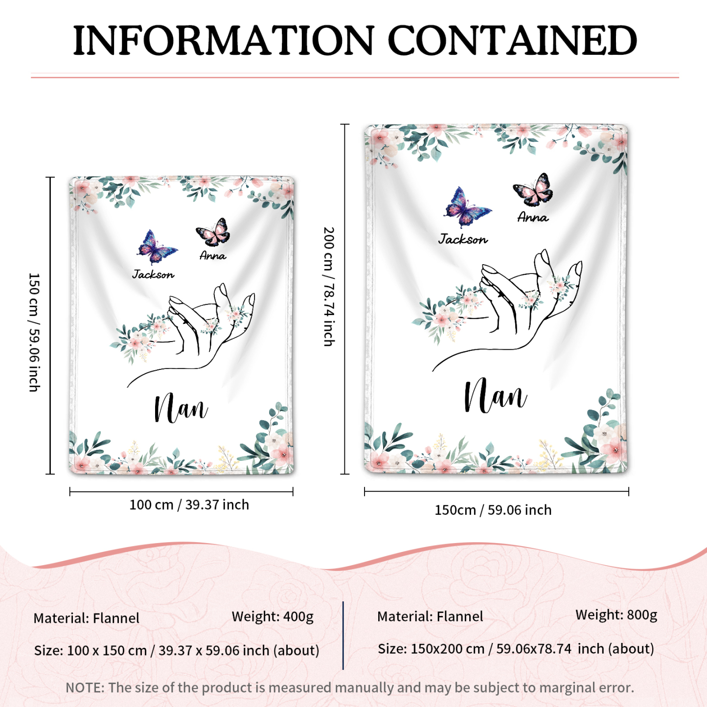 Personalised Butterfly Family Blanket - Custom 2 Names with Floral Accents Blanket Gift for Nan | Jessmade