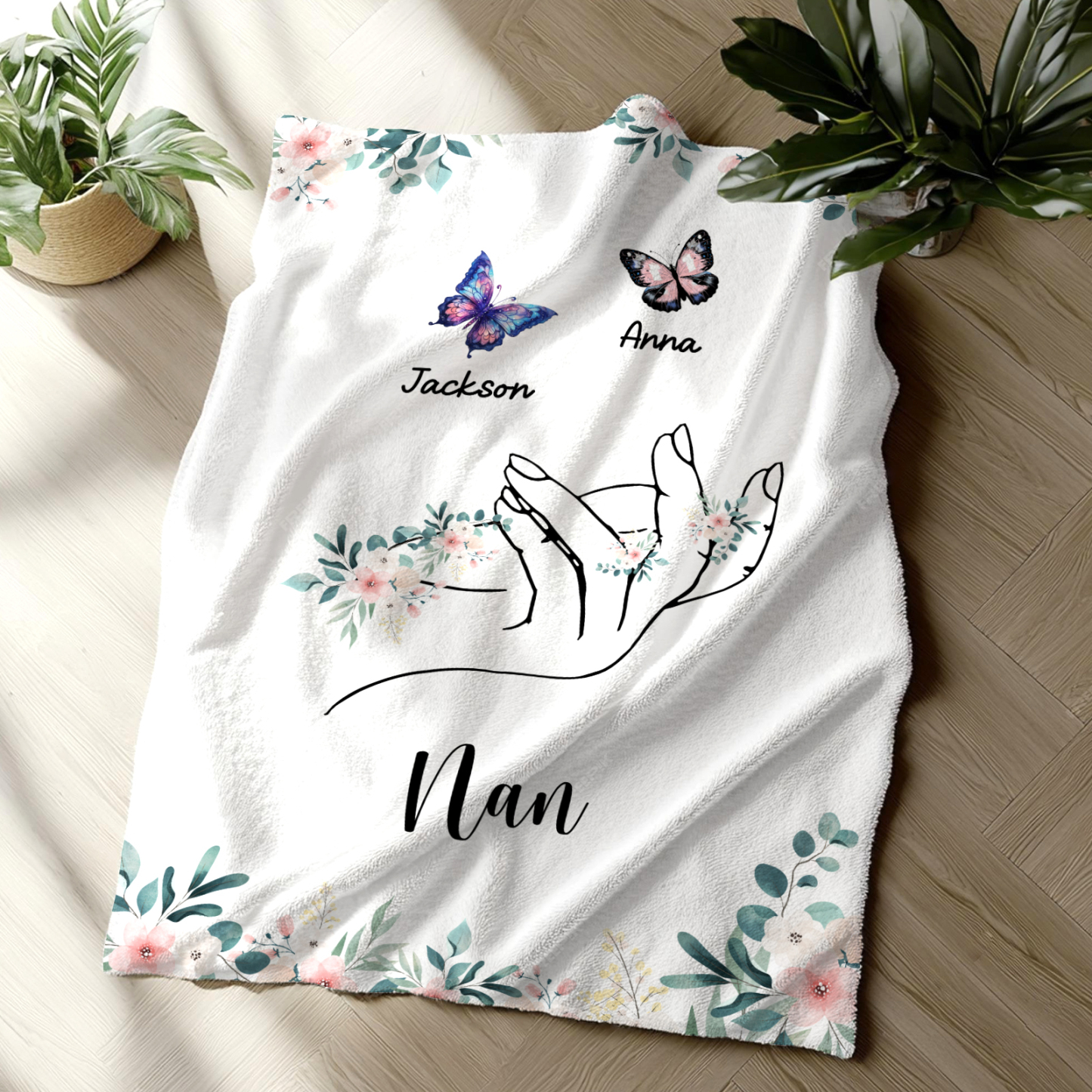 Personalised Butterfly Family Blanket - Custom 2 Names with Floral Accents Blanket Gift for Nan | Jessmade