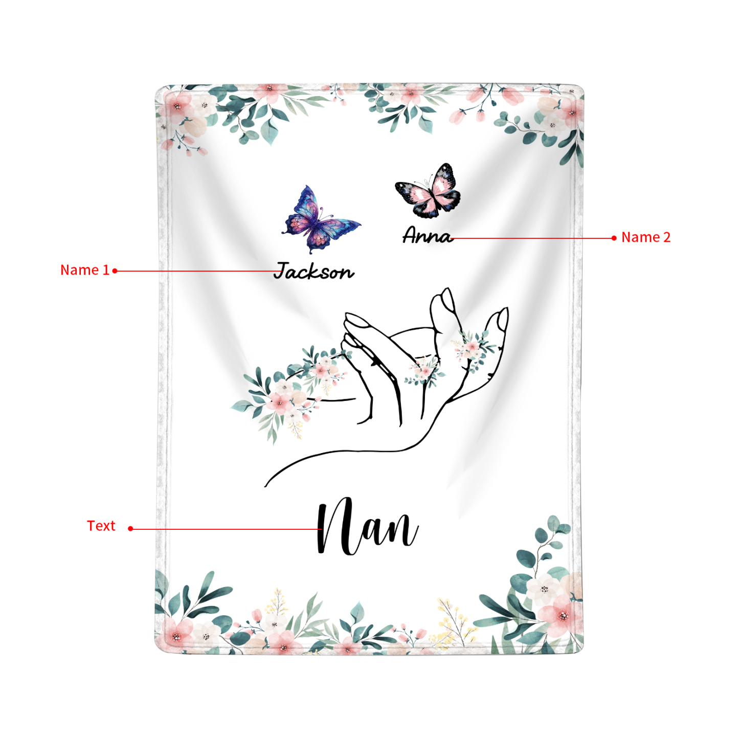 Personalised Butterfly Family Blanket - Custom 2 Names with Floral Accents Blanket Gift for Nan | Jessmade