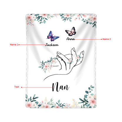 Personalised Butterfly Family Blanket - Custom 2 Names with Floral Accents Blanket Gift for Nan | Jessmade