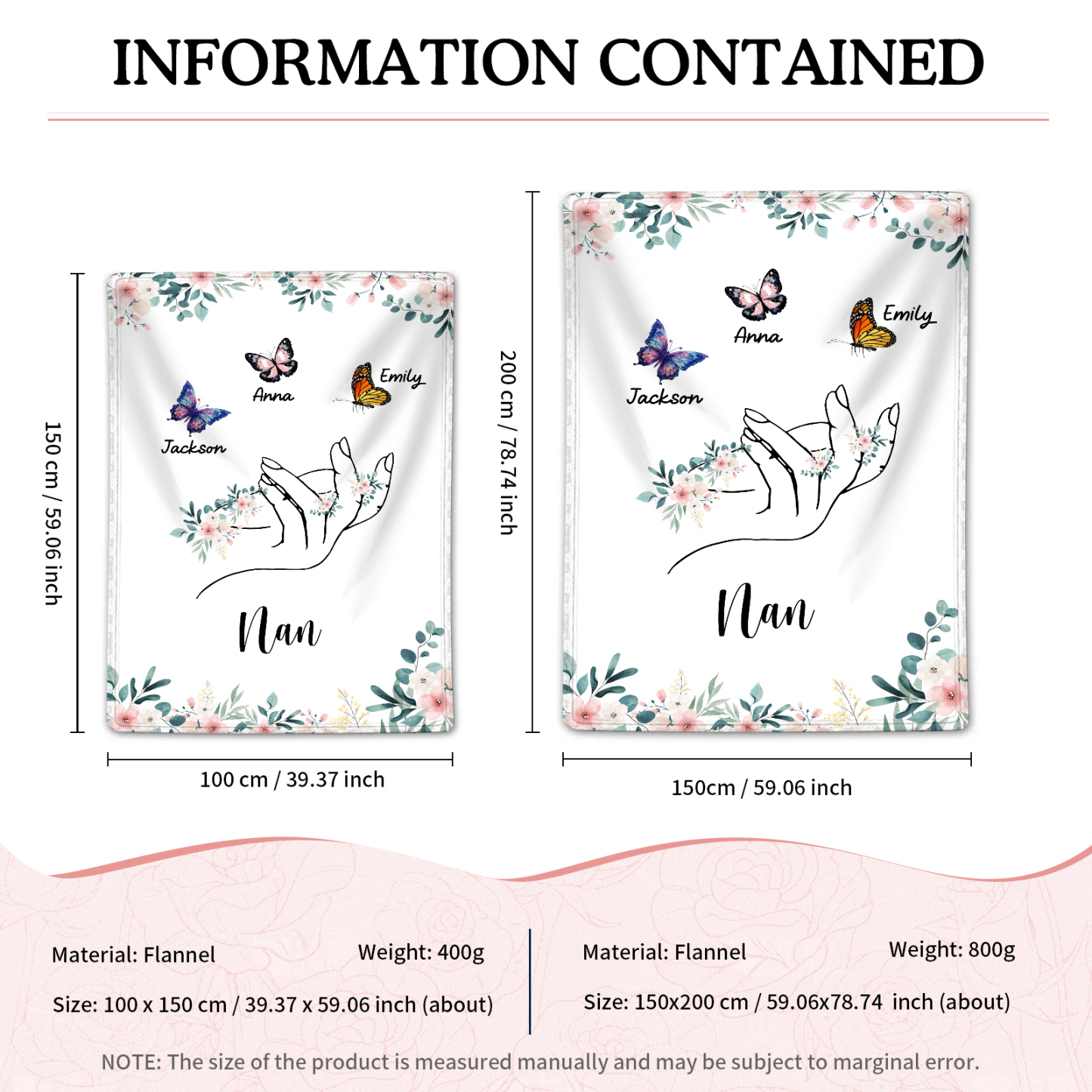 Personalised Butterfly Family Blanket - Custom 3 Names with Floral Accents Blanket Gift for Nan | Jessmade