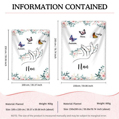 Personalised Butterfly Family Blanket - Custom 3 Names with Floral Accents Blanket Gift for Nan | Jessmade