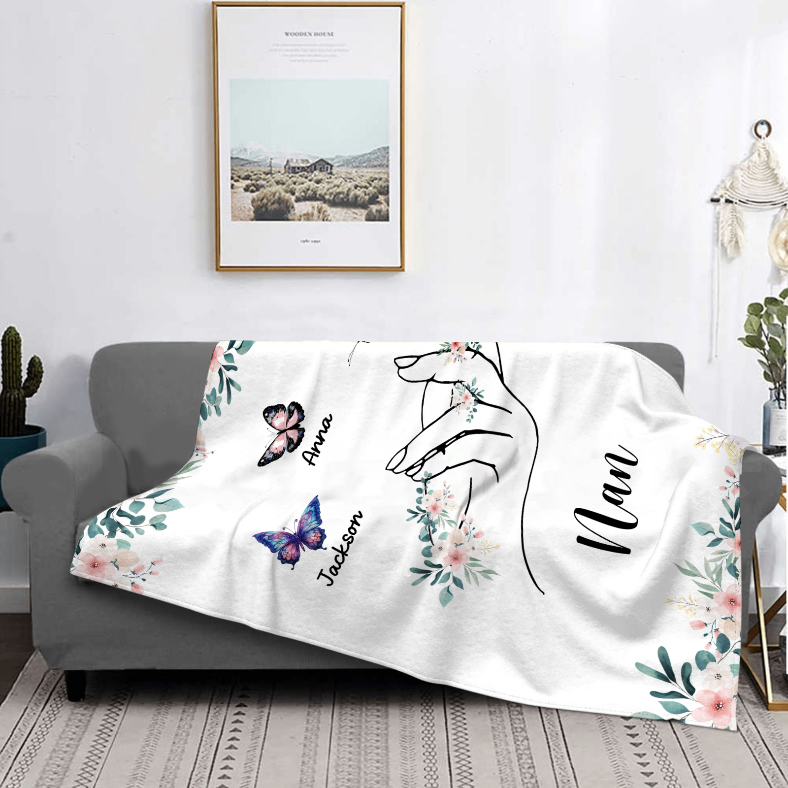 Personalised Butterfly Family Blanket - Custom 3 Names with Floral Accents Blanket Gift for Nan | Jessmade
