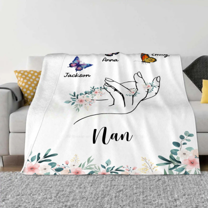 Personalised Butterfly Family Blanket - Custom 3 Names with Floral Accents Blanket Gift for Nan | Jessmade