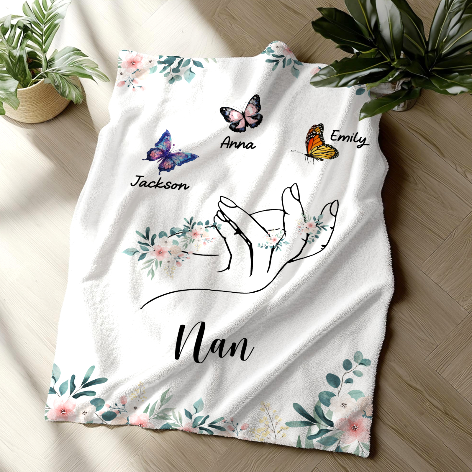 Personalised Butterfly Family Blanket - Custom 3 Names with Floral Accents Blanket Gift for Nan | Jessmade