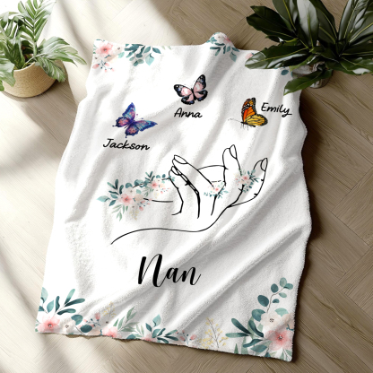 Personalised Butterfly Family Blanket - Custom 3 Names with Floral Accents Blanket Gift for Nan | Jessmade