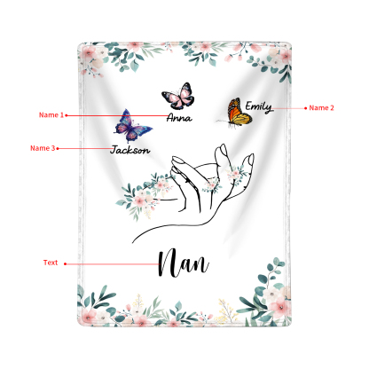 Personalised Butterfly Family Blanket - Custom 3 Names with Floral Accents Blanket Gift for Nan | Jessmade
