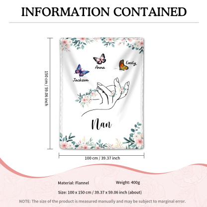 Personalised Butterfly Family Blanket - Custom 3 Names with Floral Accents Blanket Gift for Nan | Jessmade