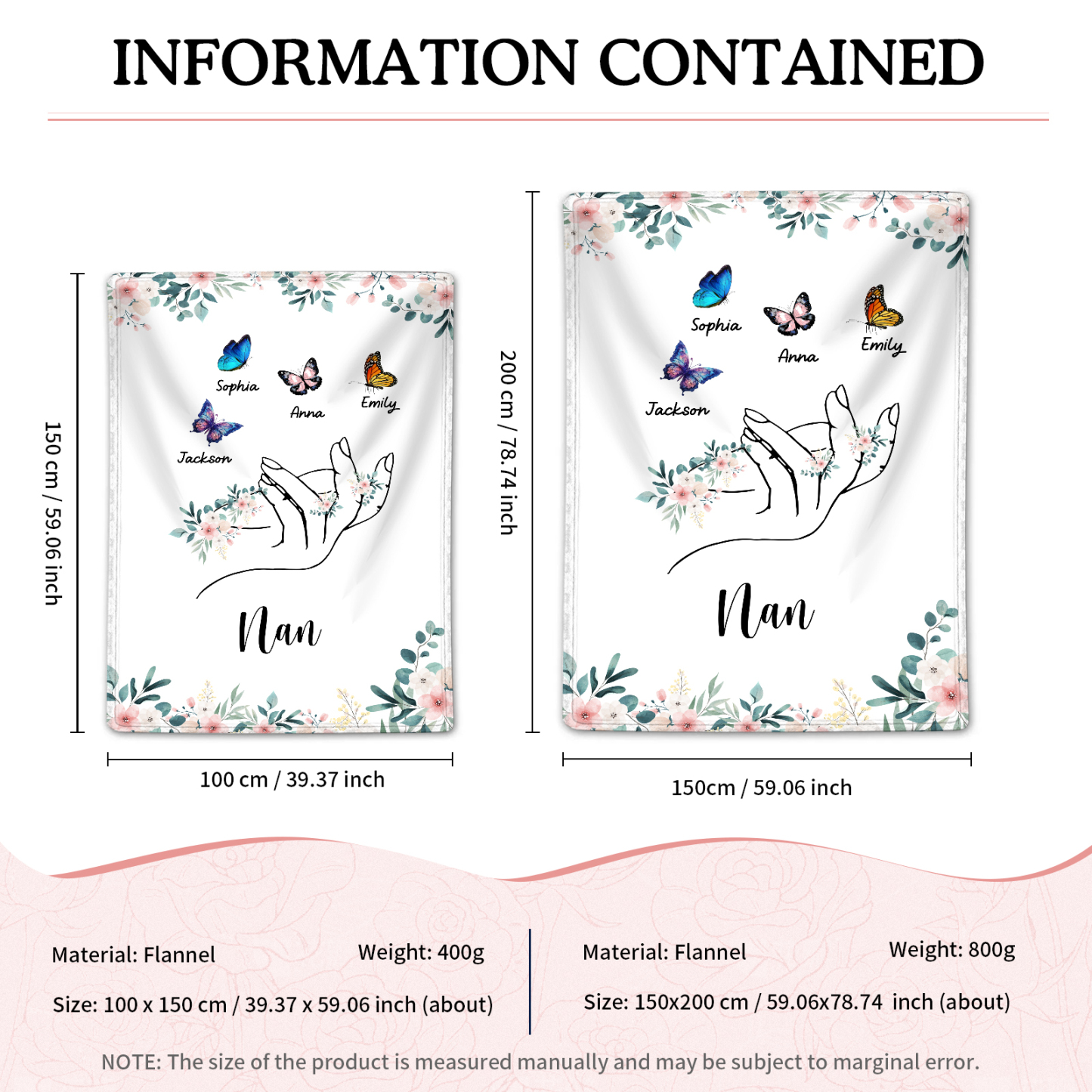 Personalised Butterfly Family Blanket - Custom 4 Names with Floral Accents Blanket Gift for Nan | Jessmade