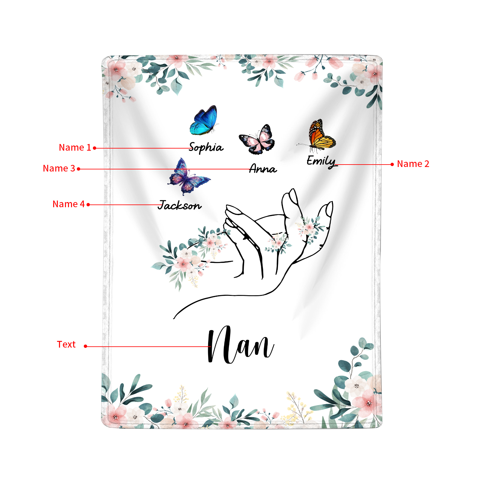 Personalised Butterfly Family Blanket - Custom 4 Names with Floral Accents Blanket Gift for Nan | Jessmade