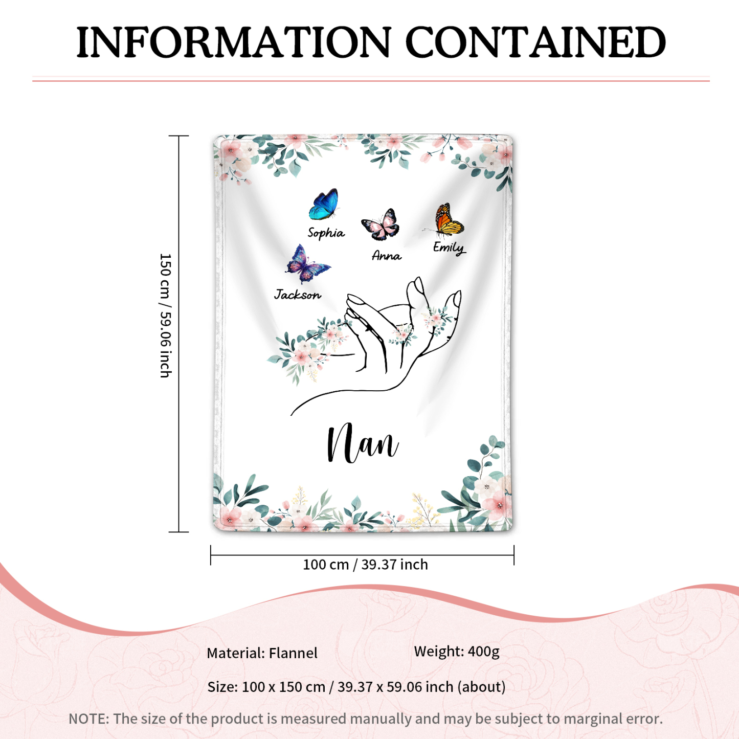 Personalised Butterfly Family Blanket - Custom 4 Names with Floral Accents Blanket Gift for Nan | Jessmade