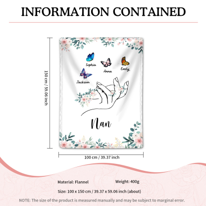 Personalised Butterfly Family Blanket - Custom 4 Names with Floral Accents Blanket Gift for Nan | Jessmade