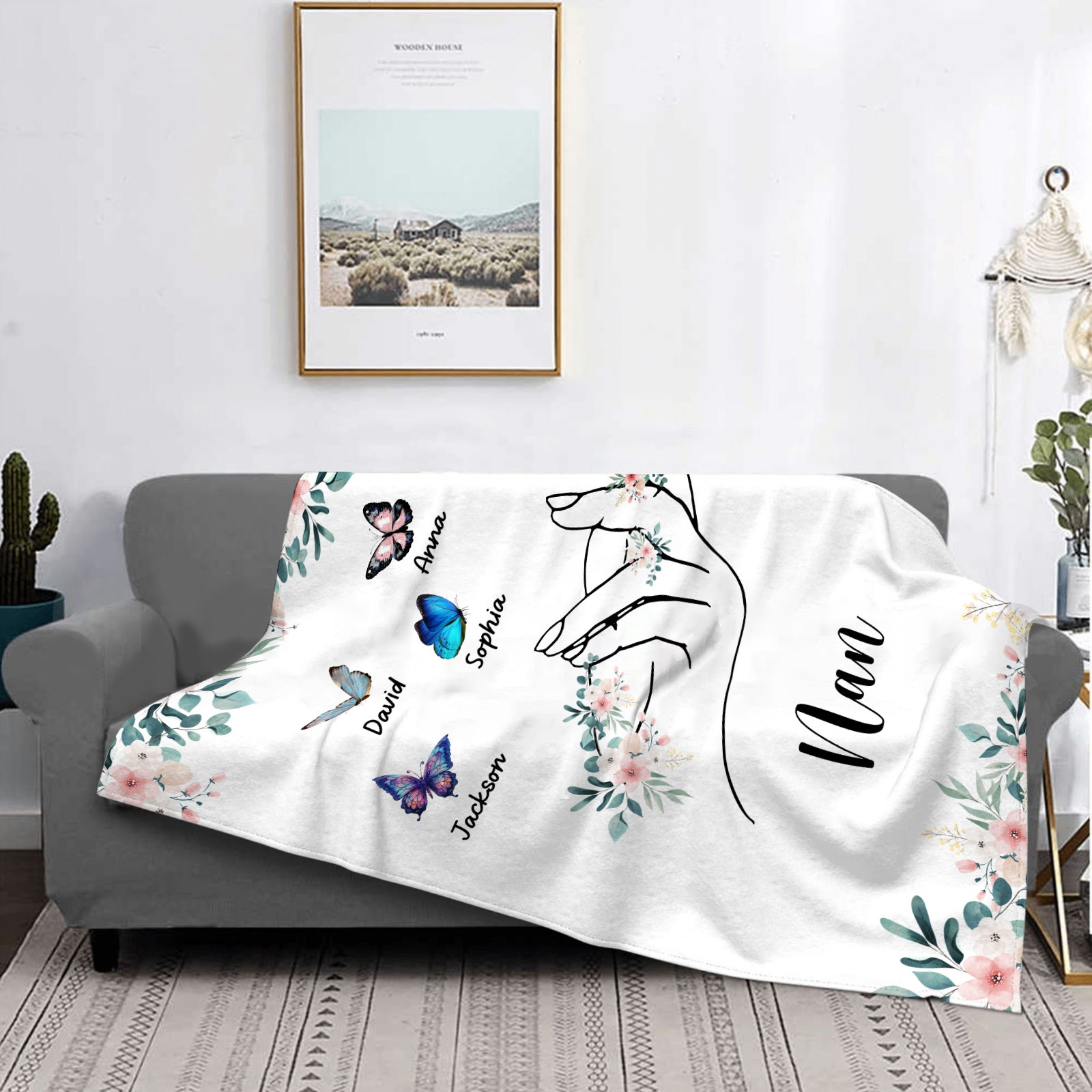 Personalised Butterfly Family Blanket - Custom 5 Names with Floral Accents Blanket Gift for Nan | Jessmade