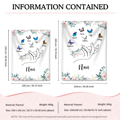 Personalised Butterfly Family Blanket - Custom 6 Names with Floral Accents Blanket Gift for Nan | Jessmade