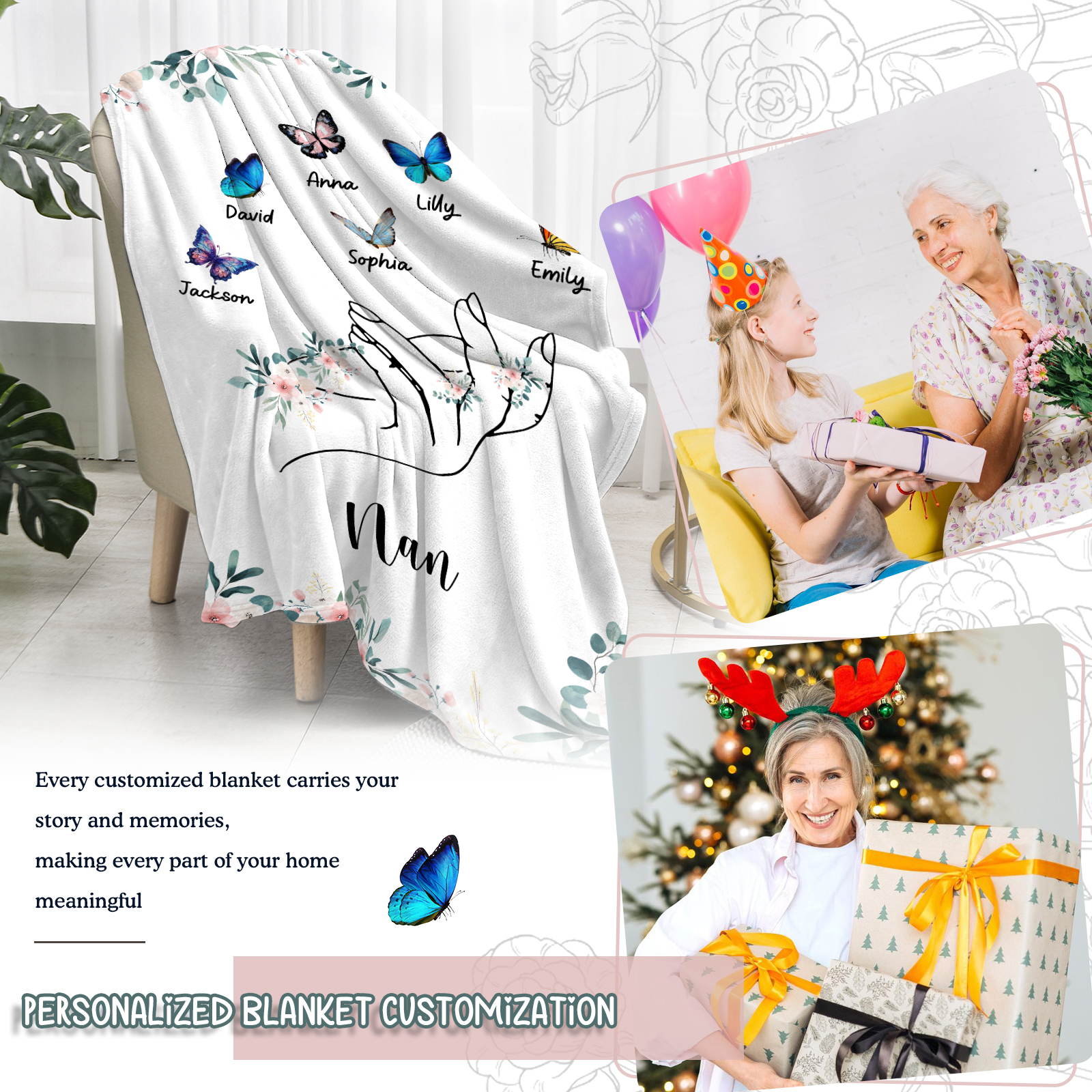 Personalised Butterfly Family Blanket - Custom 6 Names with Floral Accents Blanket Gift for Nan | Jessmade