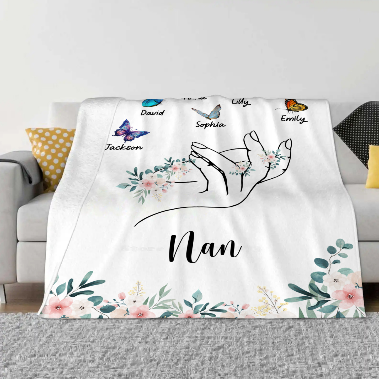 Personalised Butterfly Family Blanket - Custom 6 Names with Floral Accents Blanket Gift for Nan | Jessmade