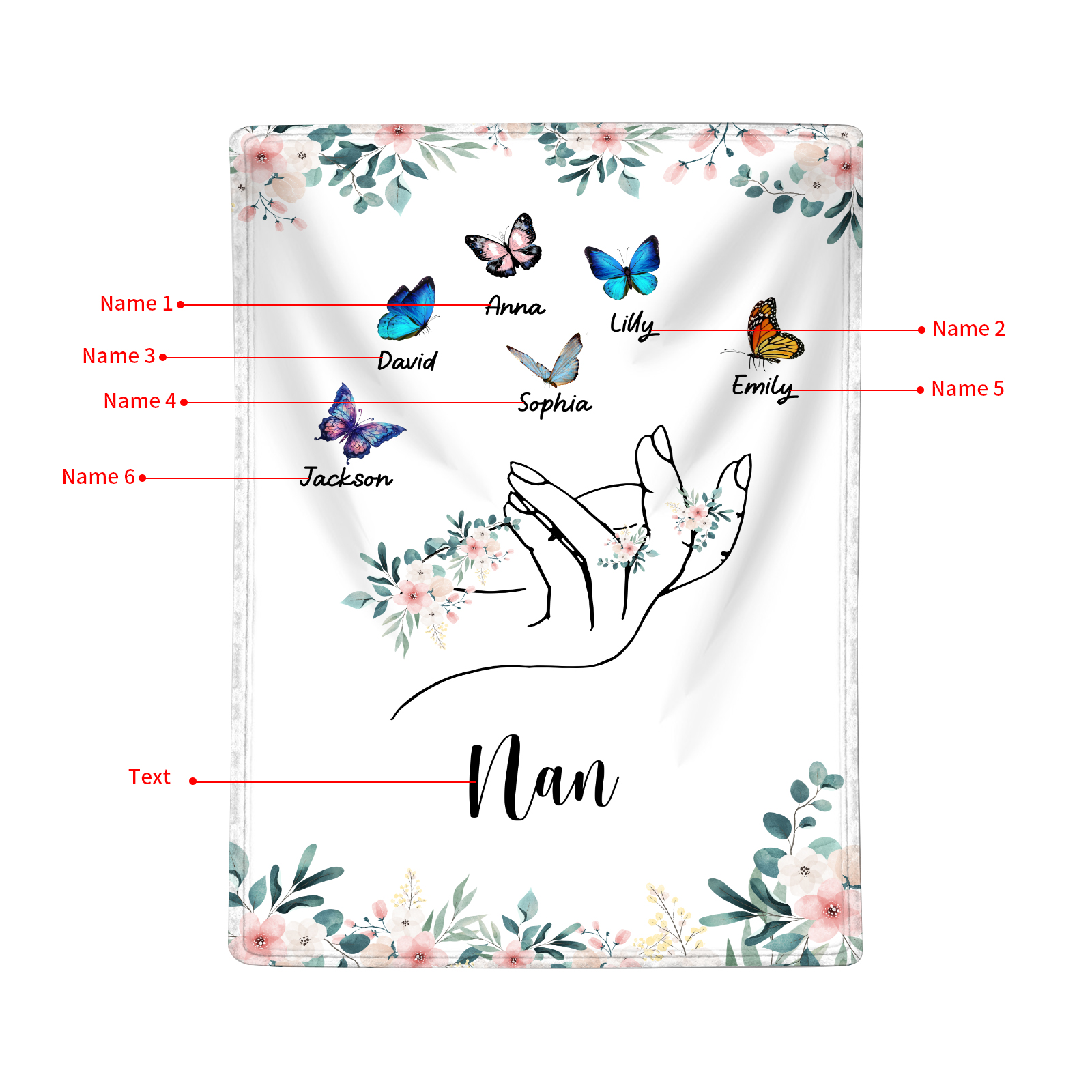 Personalised Butterfly Family Blanket - Custom 6 Names with Floral Accents Blanket Gift for Nan | Jessmade