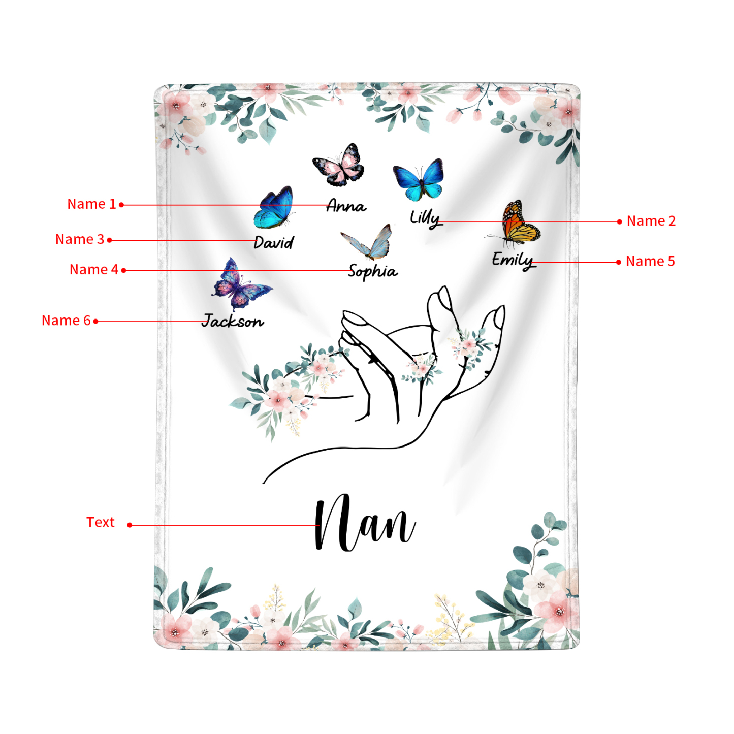 Personalised Butterfly Family Blanket - Custom 6 Names with Floral Accents Blanket Gift for Nan | Jessmade