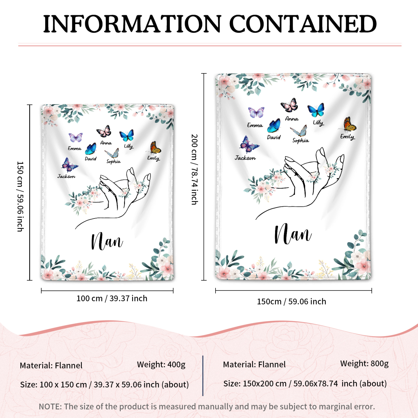 Personalised Butterfly Family Blanket - Custom 7 Names with Floral Accents Blanket Gift for Nan | Jessmade