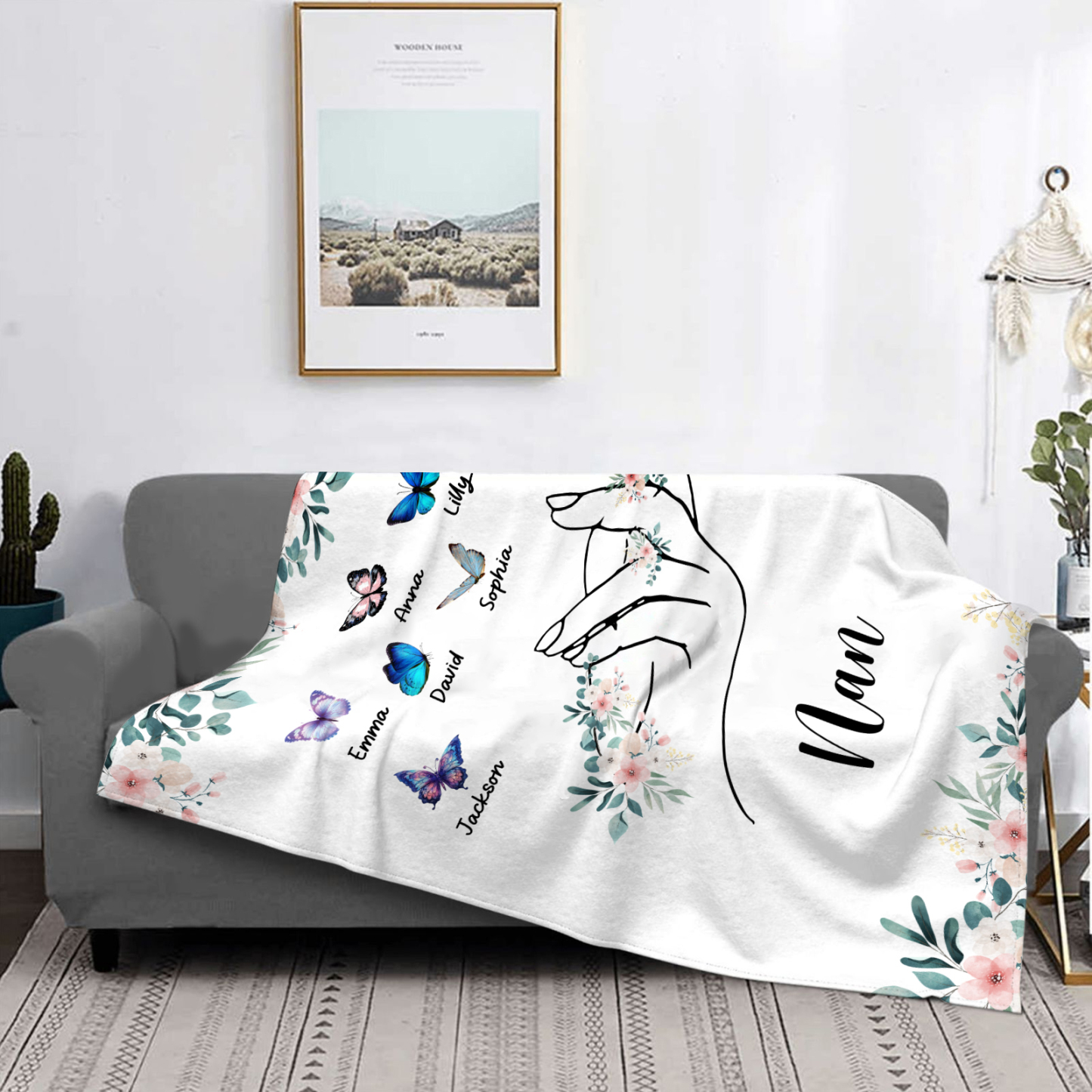 Personalised Butterfly Family Blanket - Custom 7 Names with Floral Accents Blanket Gift for Nan | Jessmade