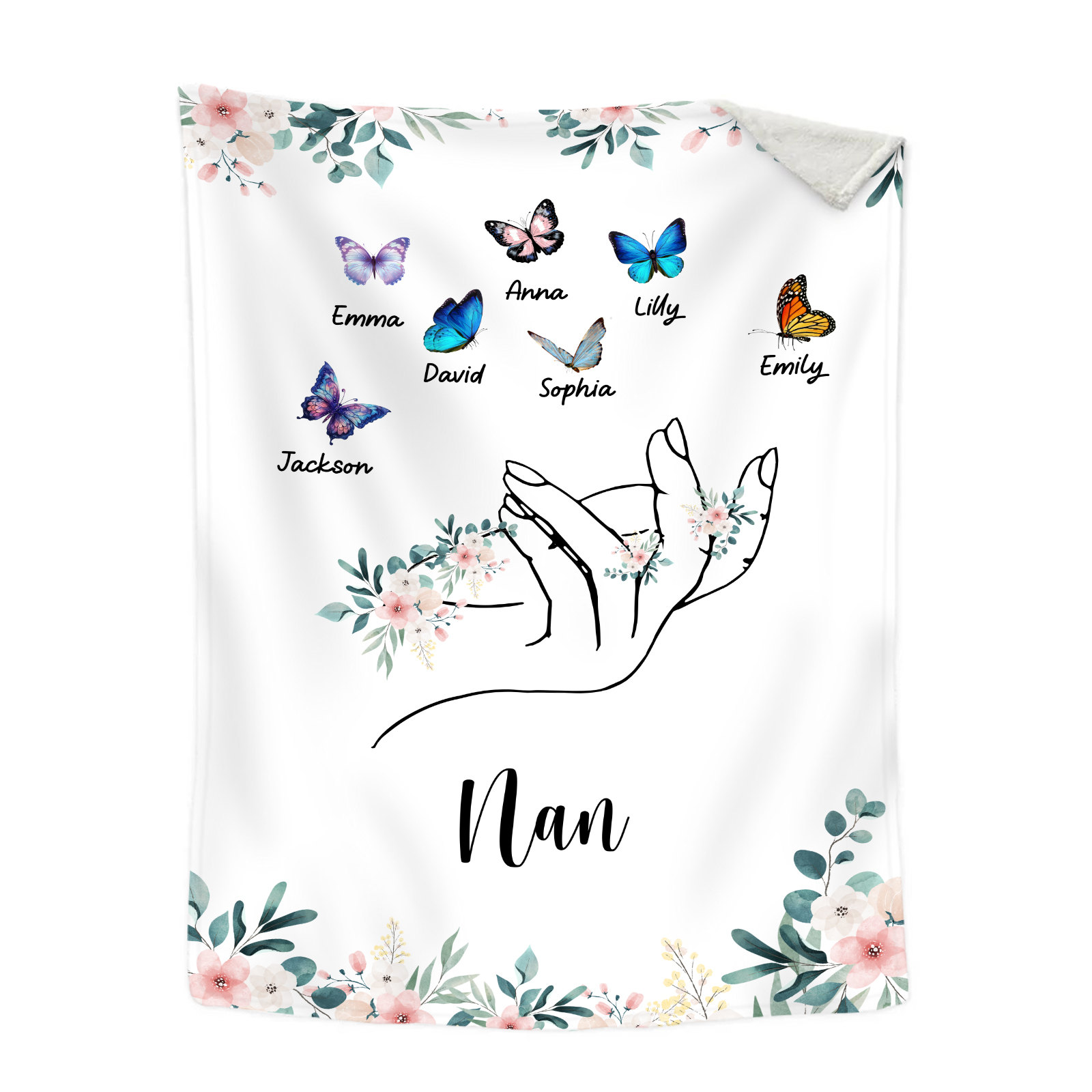 Personalised Butterfly Family Blanket - Custom 7 Names with Floral Accents Blanket Gift for Nan | Jessmade