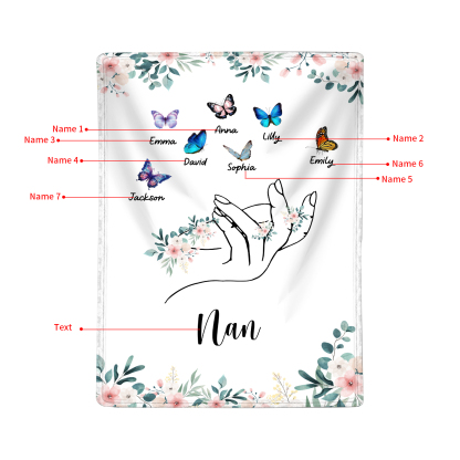 Personalised Butterfly Family Blanket - Custom 7 Names with Floral Accents Blanket Gift for Nan | Jessmade
