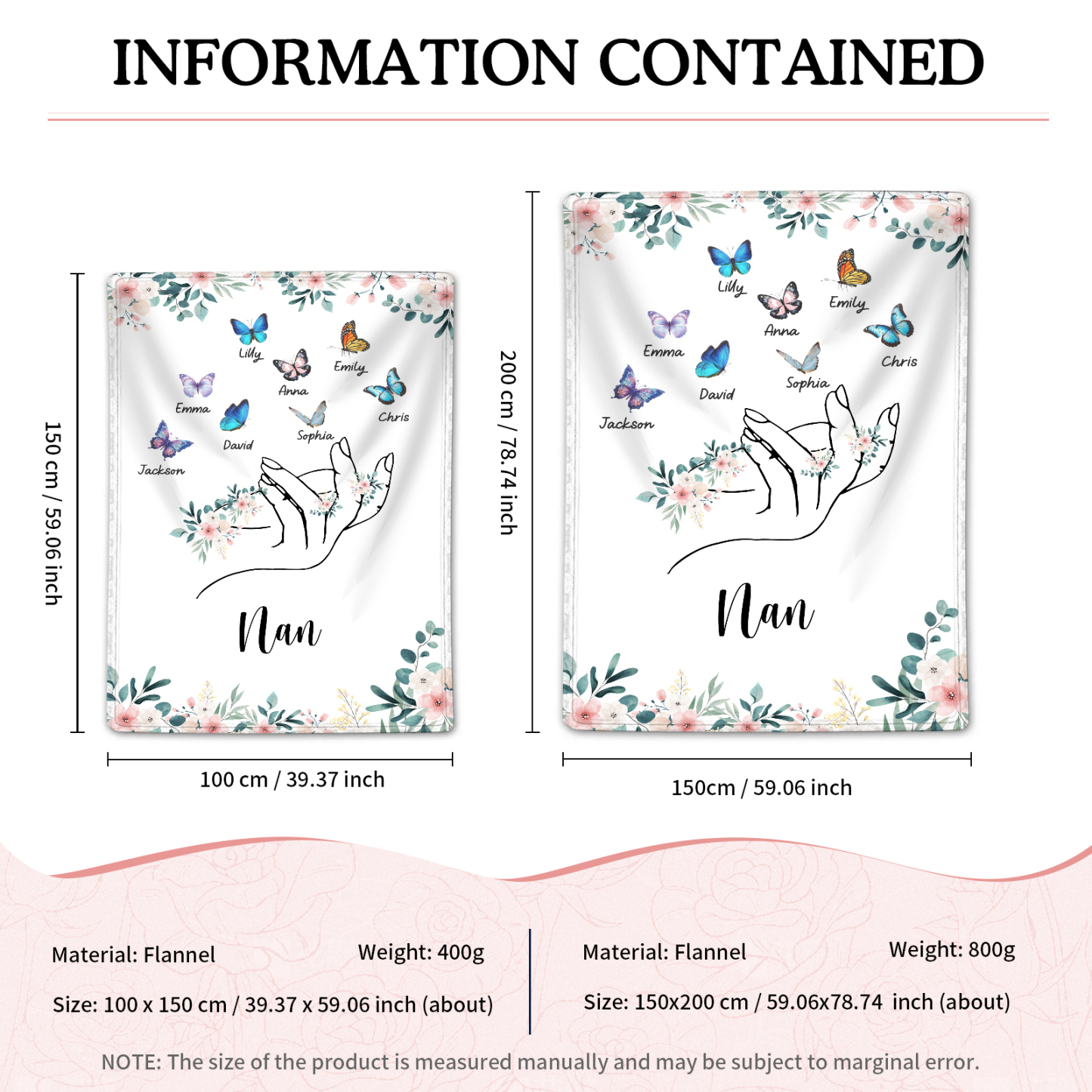 Personalised Butterfly Family Blanket - Custom 8 Names with Floral Accents Blanket Gift for Nan | Jessmade