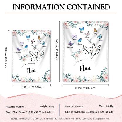 Personalised Butterfly Family Blanket - Custom 8 Names with Floral Accents Blanket Gift for Nan | Jessmade