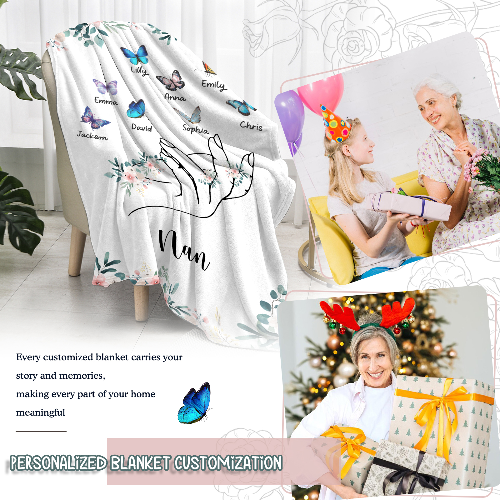 Personalised Butterfly Family Blanket - Custom 8 Names with Floral Accents Blanket Gift for Nan | Jessmade