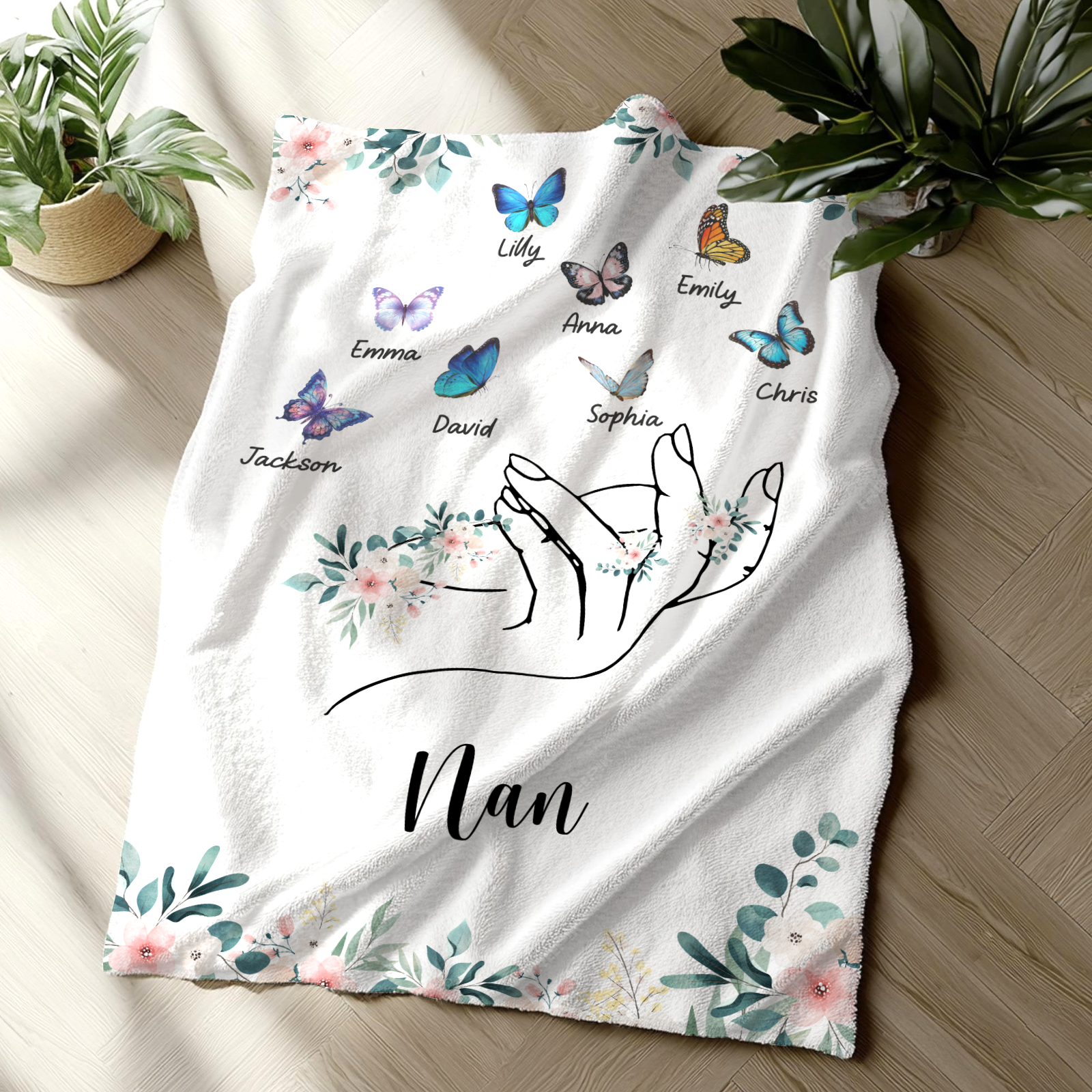 Personalised Butterfly Family Blanket - Custom 8 Names with Floral Accents Blanket Gift for Nan | Jessmade