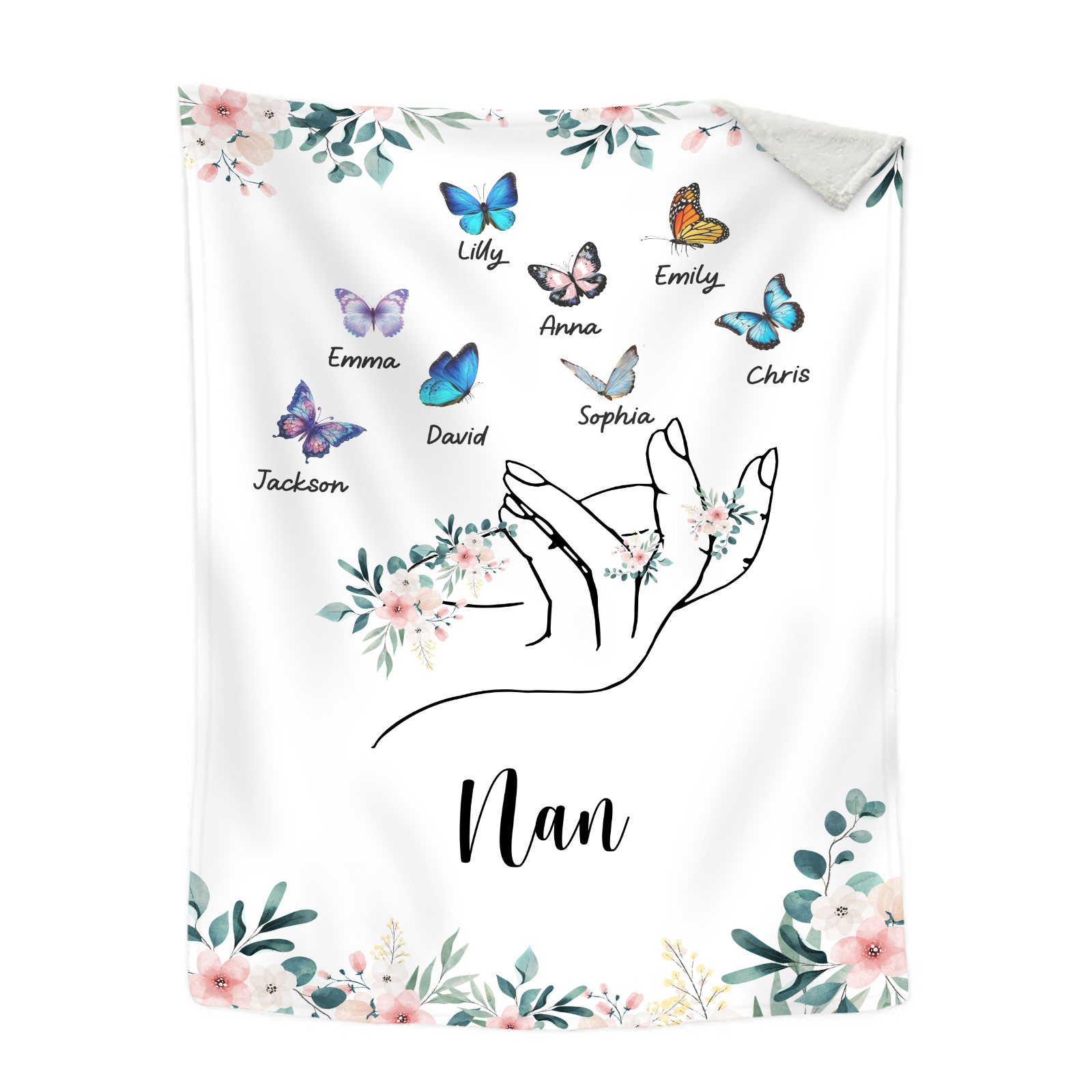 Personalised Butterfly Family Blanket - Custom 8 Names with Floral Accents Blanket Gift for Nan | Jessmade