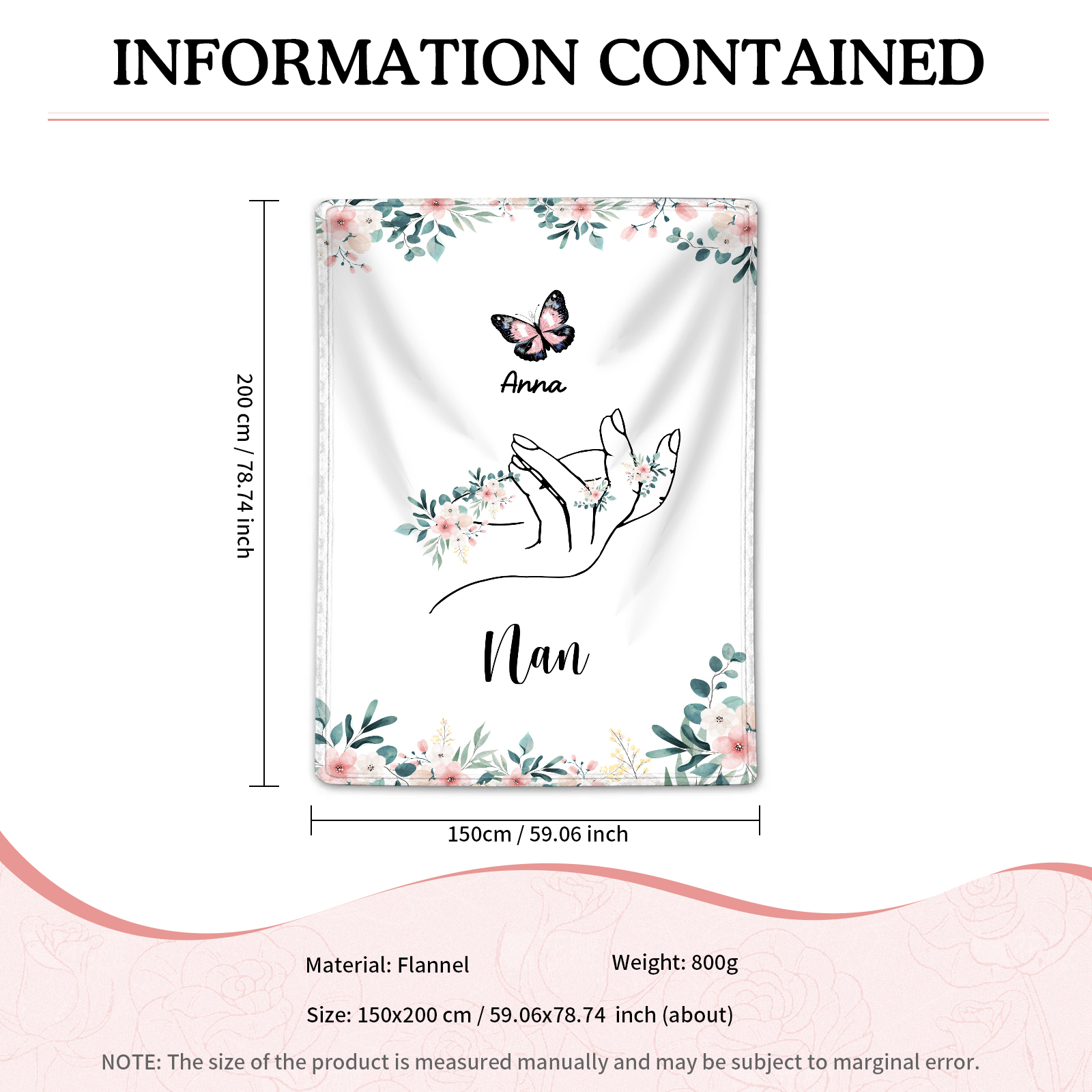 Personalised Butterfly Family Blanket - Custom 1 Name with Floral Accents Blanket Gift for Nan | Jessmade