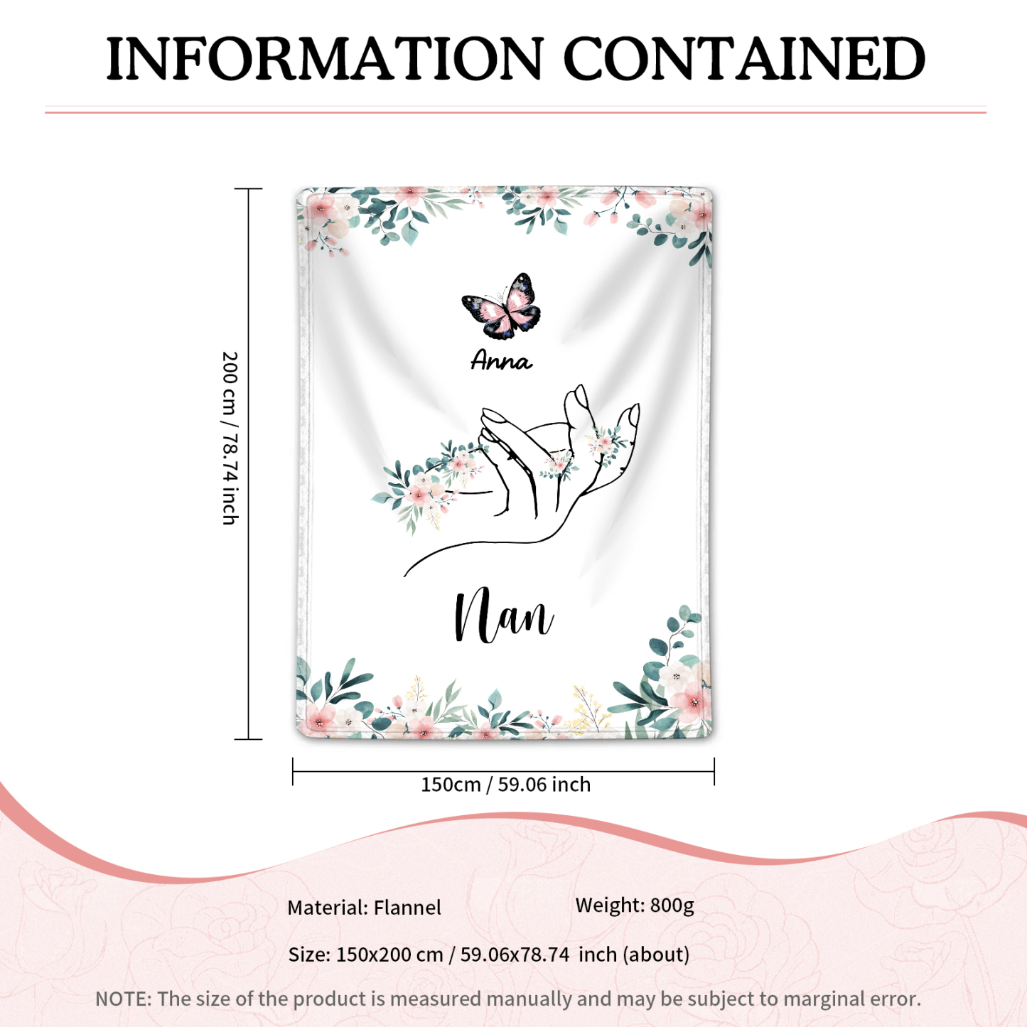 Personalised Butterfly Family Blanket - Custom 1 Name with Floral Accents Blanket Gift for Nan | Jessmade