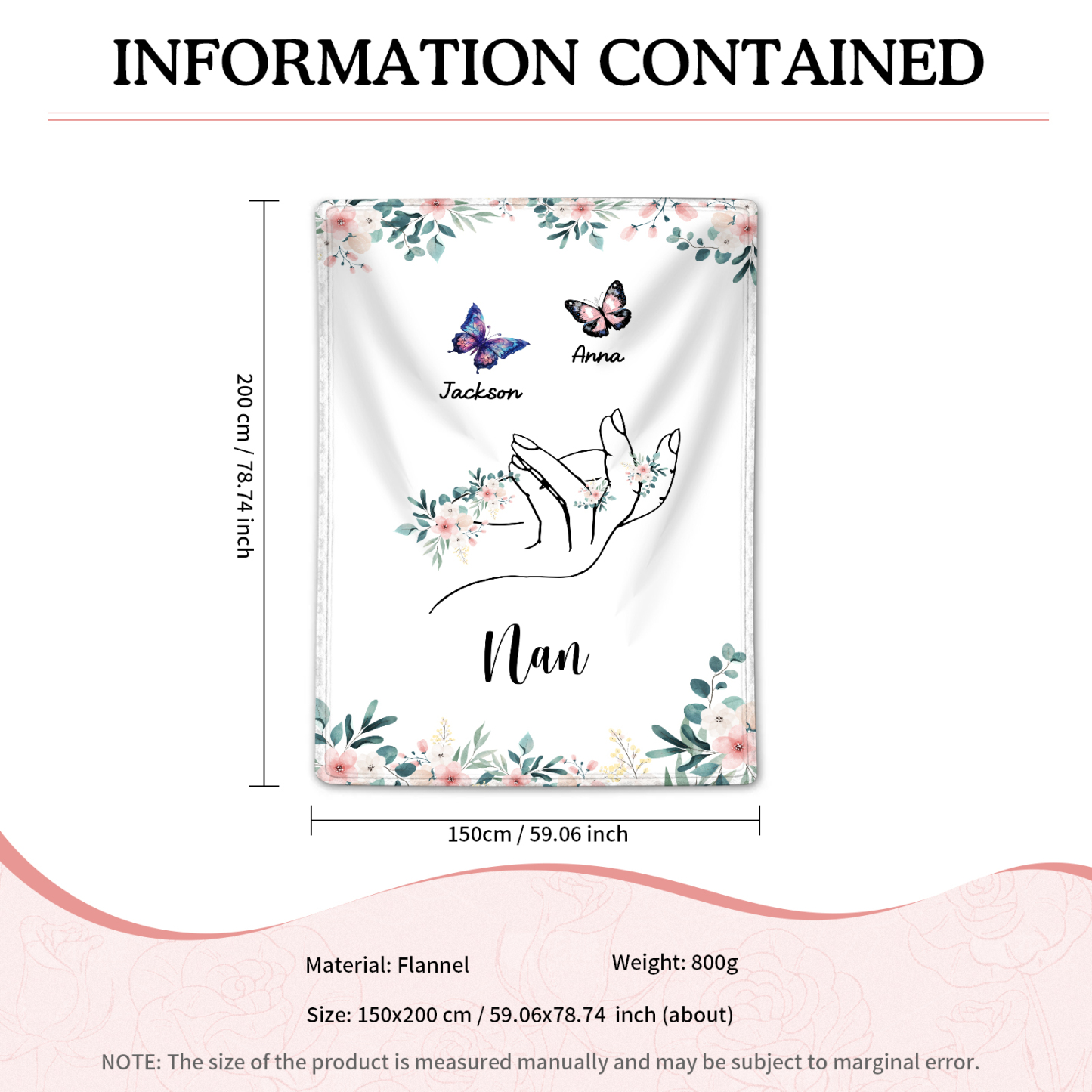 Personalised Butterfly Family Blanket - Custom 2 Names with Floral Accents Blanket Gift for Nan | Jessmade