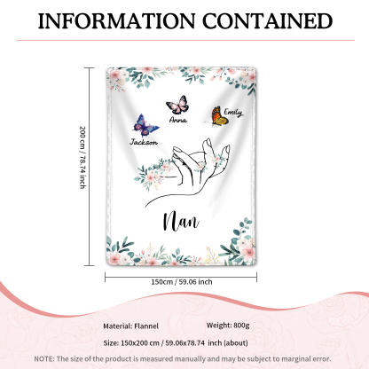 Personalised Butterfly Family Blanket - Custom 3 Names with Floral Accents Blanket Gift for Nan | Jessmade