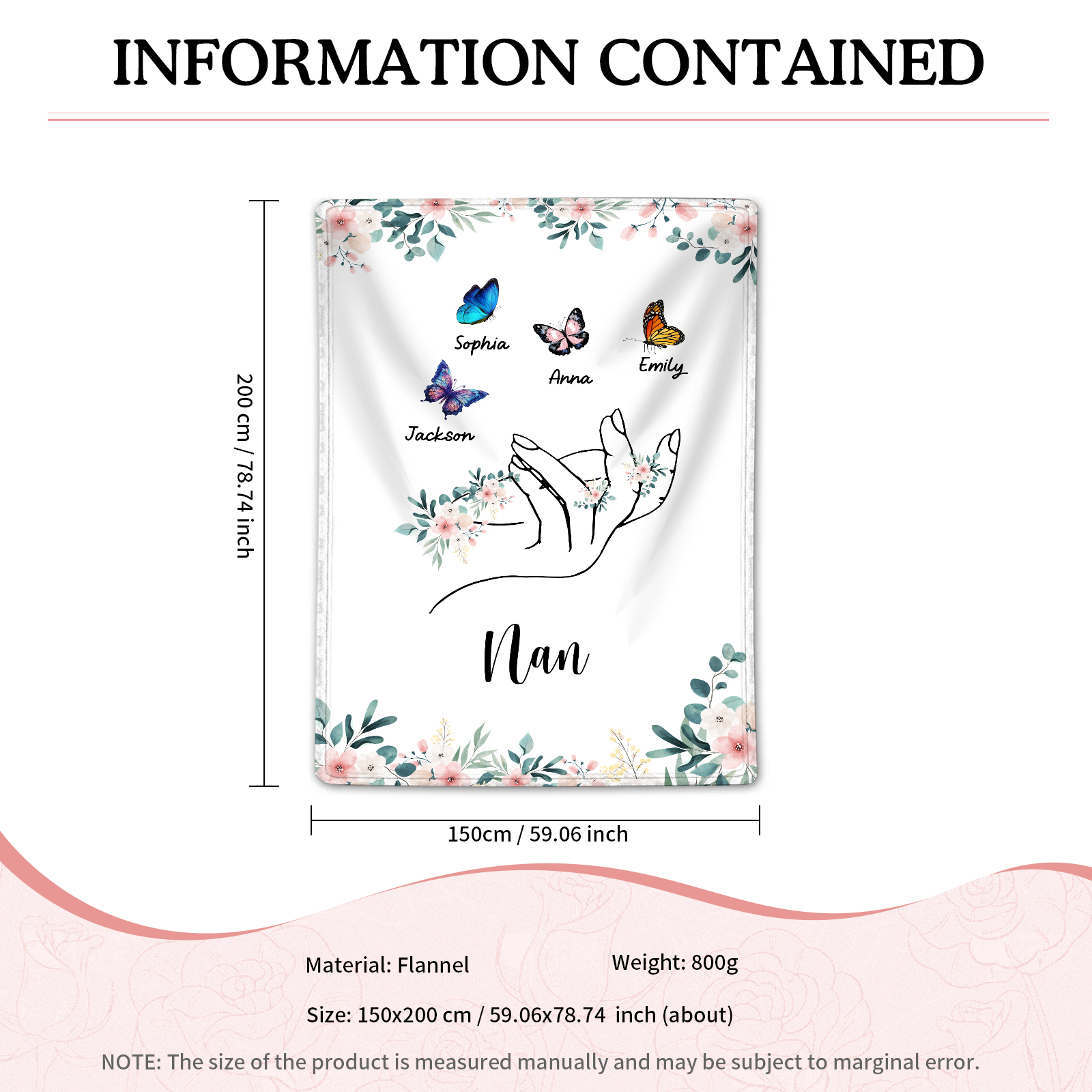 Personalised Butterfly Family Blanket - Custom 4 Names with Floral Accents Blanket Gift for Nan | Jessmade