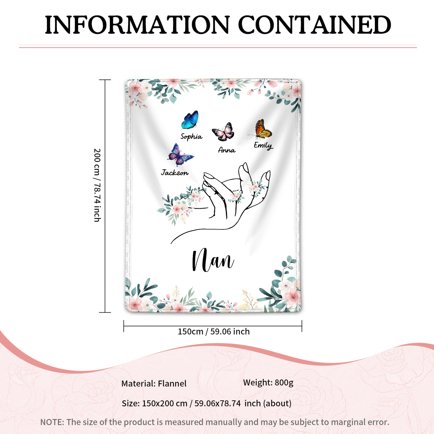 Personalised Butterfly Family Blanket - Custom 4 Names with Floral Accents Blanket Gift for Nan | Jessmade